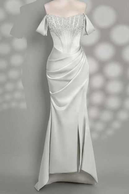 Charming Taupe Satin Off the Shoulder Strapless Long Split Prom Dress with Beadings | Zelldresses