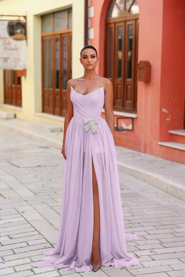 Strapless Sleeveless Long Split Prom Dress With Pleated Beading WQ0269