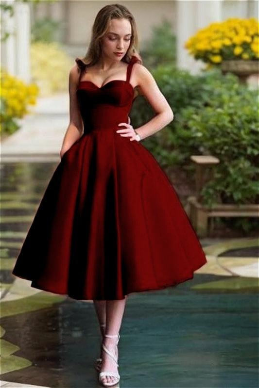 Red Satin Sweetheart Spaghetti Strap A Line Mid Homecoming Dress with Ruffles HC0037
