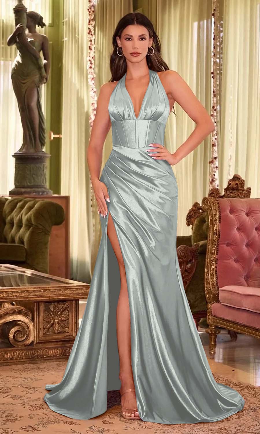 Halter Neck Sleeveless Long Mermaid Split Prom Dress With Pleated LY0640