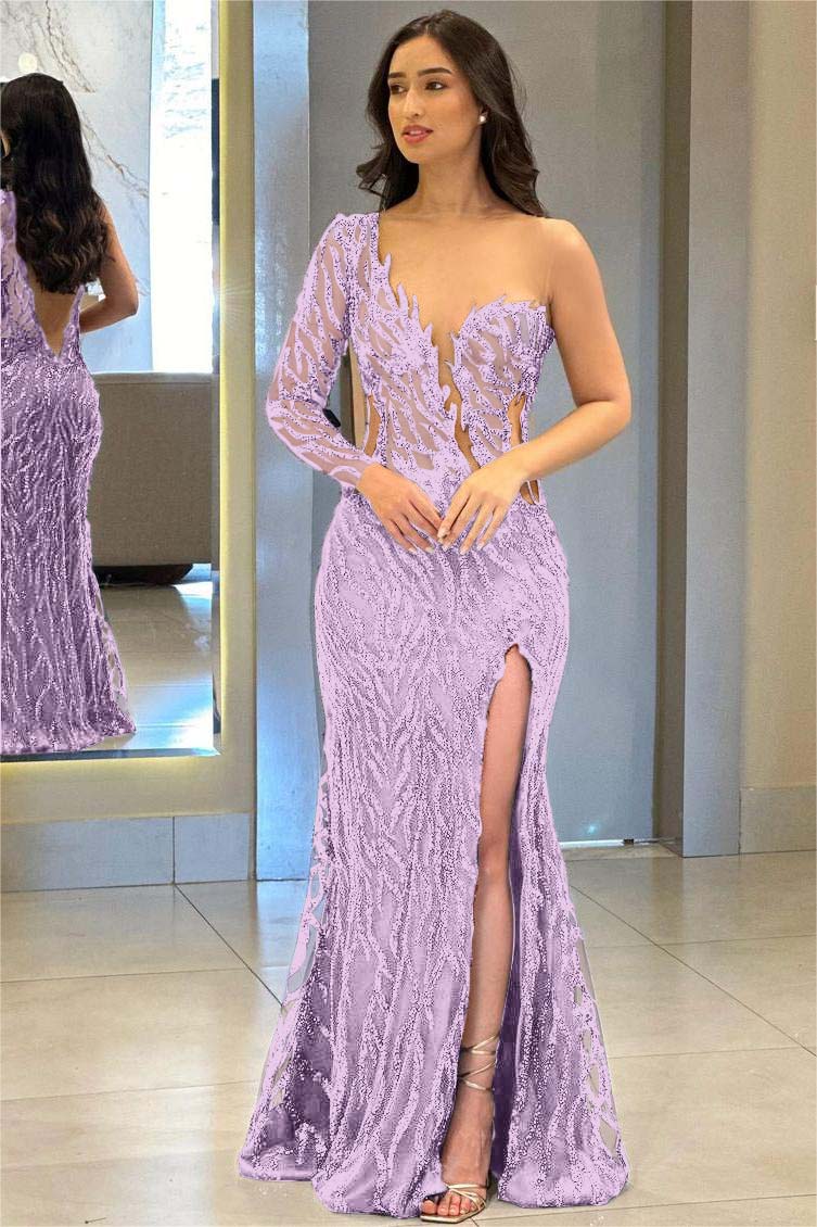 Hellodresses One Shoulder One Long Sleeve Backless Mermaid Split Prom Dress With Appliques