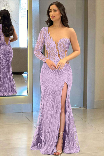 Hellodresses One Shoulder One Long Sleeve Backless Mermaid Split Prom Dress With Appliques