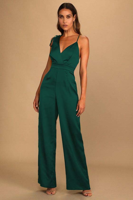 Hellodresses Chic Satin Dark Green Spaghetti Strap Sleeveless V-Neck Wide Leg Jumpsuit