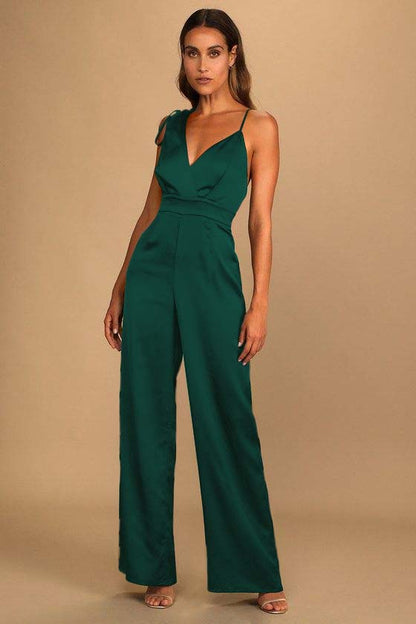 Hellodresses Chic Satin Dark Green Spaghetti Strap Sleeveless V-Neck Wide Leg Jumpsuit