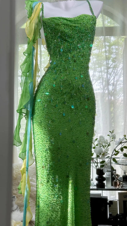 Shiny Sheath Spaghetti Strap Sequin Beaded Green Chiffon Open Back Party Dress Evening Dress SH2874