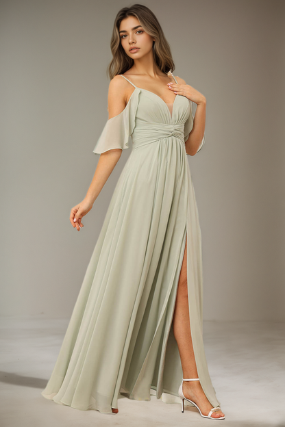 Hellodresses Elegant Spaghetti Straps Off-The-Shoulder Long Pleated Split Chiffon Bridesmaid Dress With Ruffles