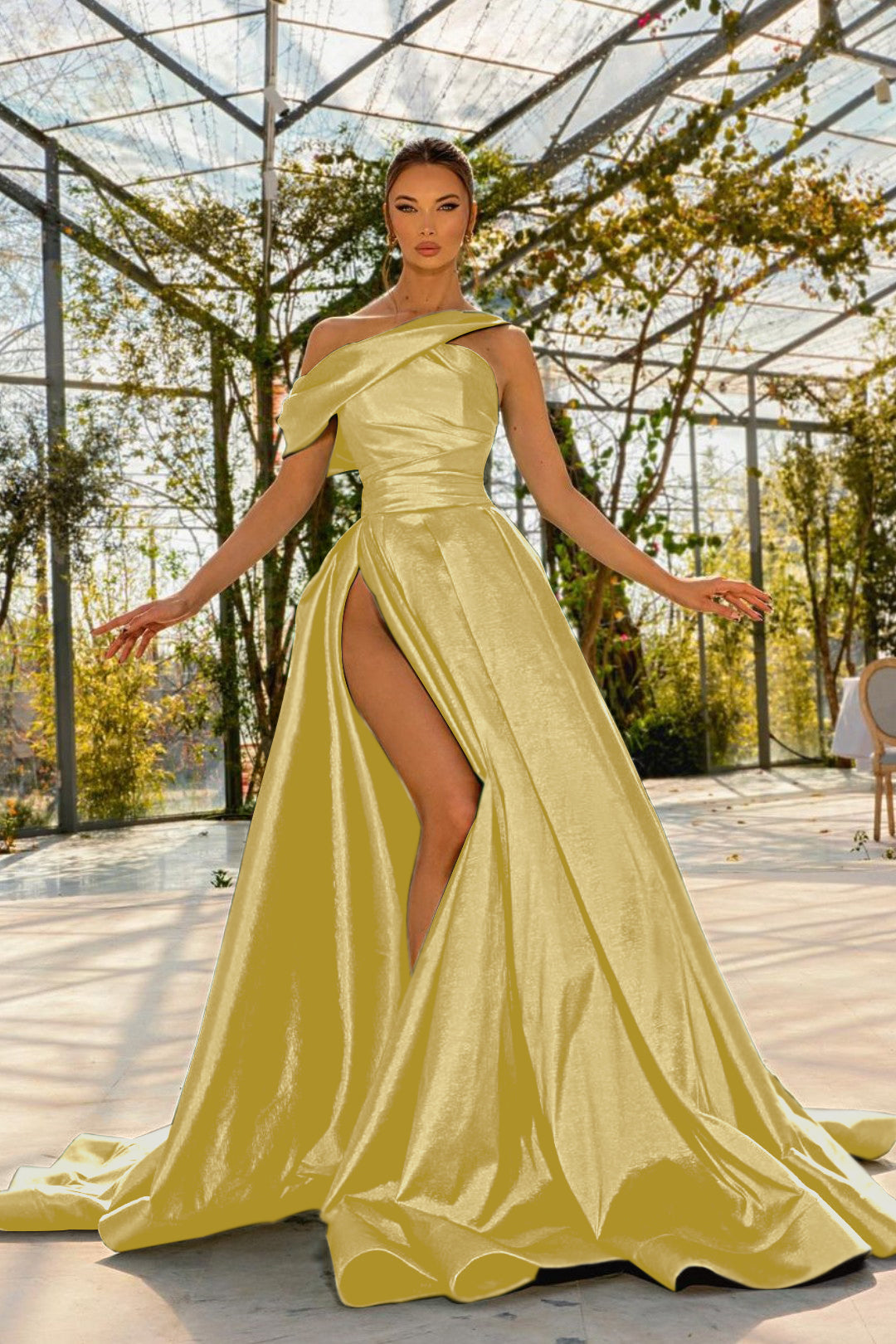 Green Prom Dress One Shoulder Satin With High Split YL0177