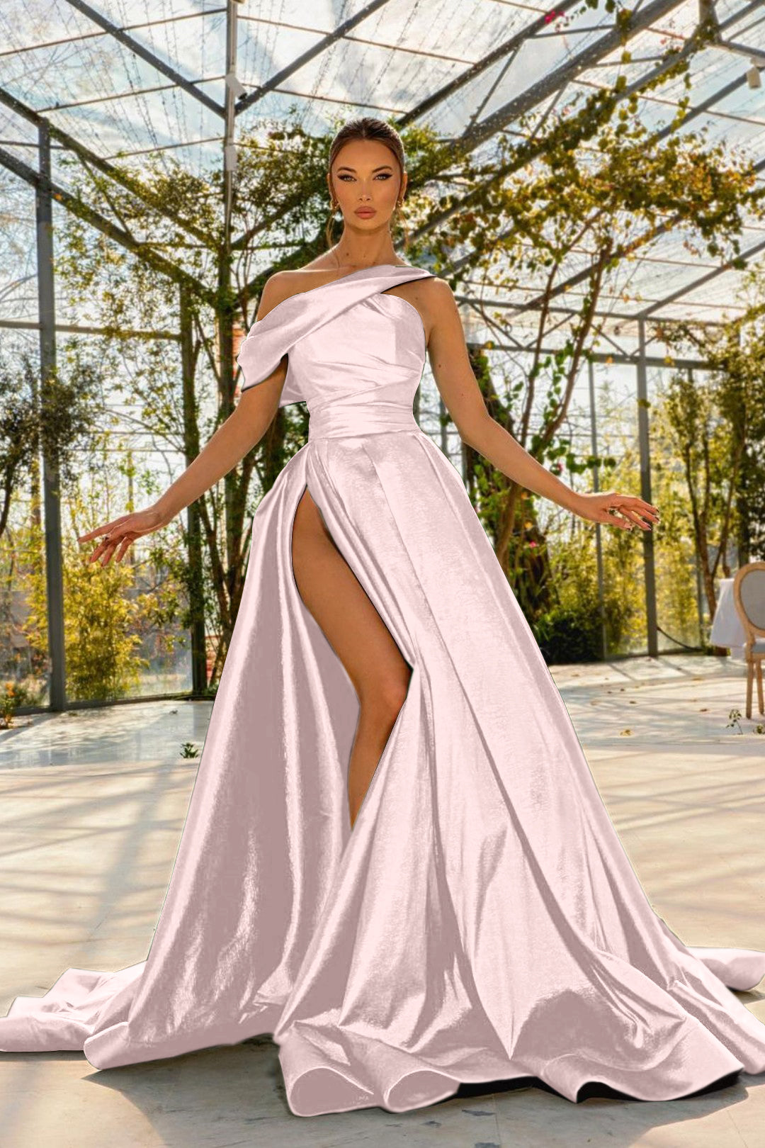 Green Prom Dress One Shoulder Satin With High Split YL0177