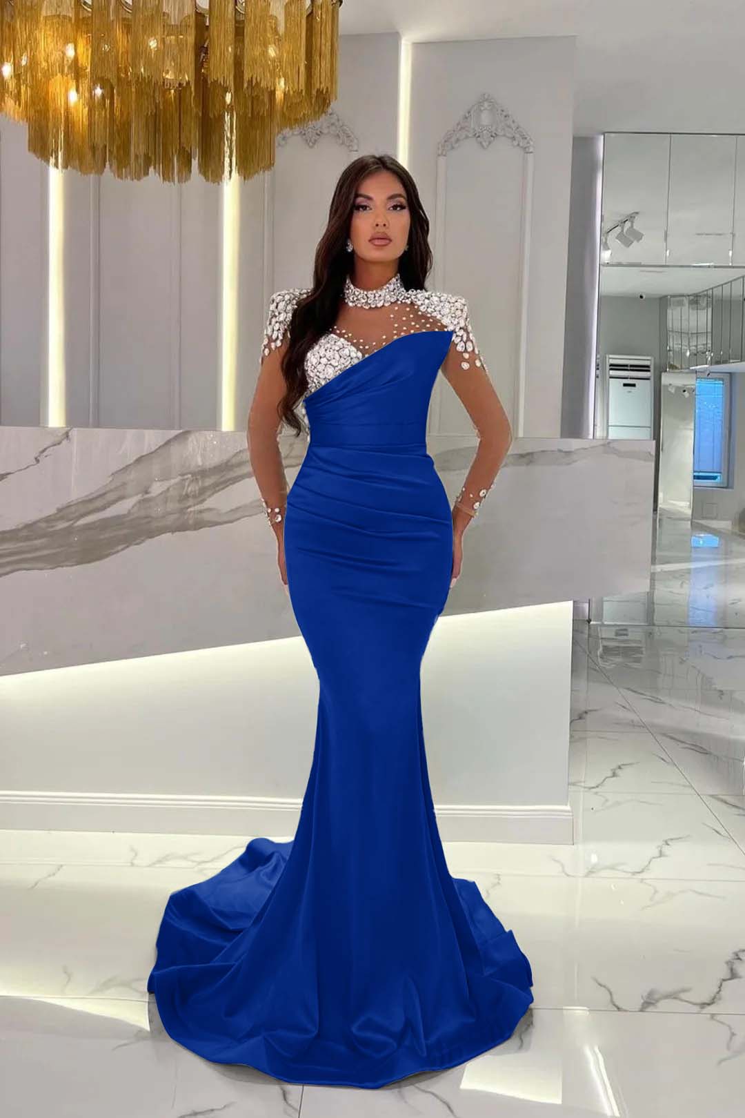 Charmeuse Dusty Blue Prom Dress Long Mermaid Tulle With Beadings YL0259