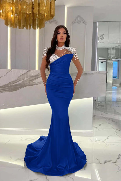 Charmeuse Dusty Blue Prom Dress Long Mermaid Tulle With Beadings YL0259
