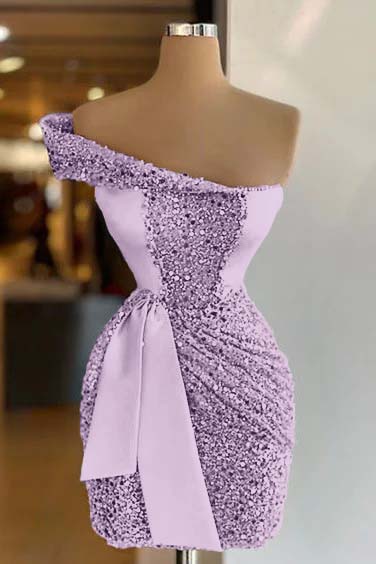 Hellodresses Sleeveless One Shoulder Short Sequins Homecoming Dress Pleated With Belt