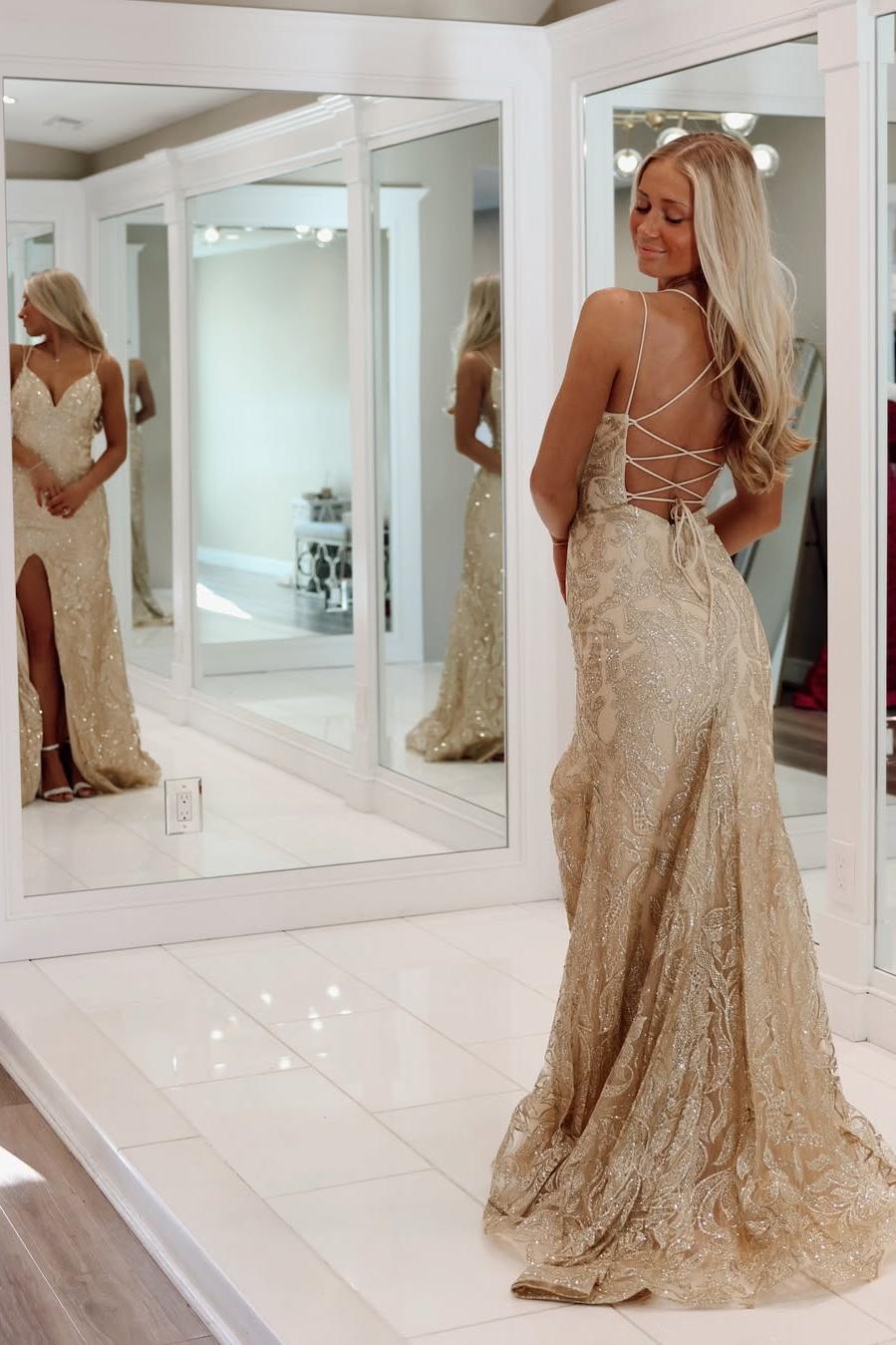 Beautiful Gold Sleeveless Spaghetti Strap V Neck Long Split Prom Dress with Applique | Zelldresses