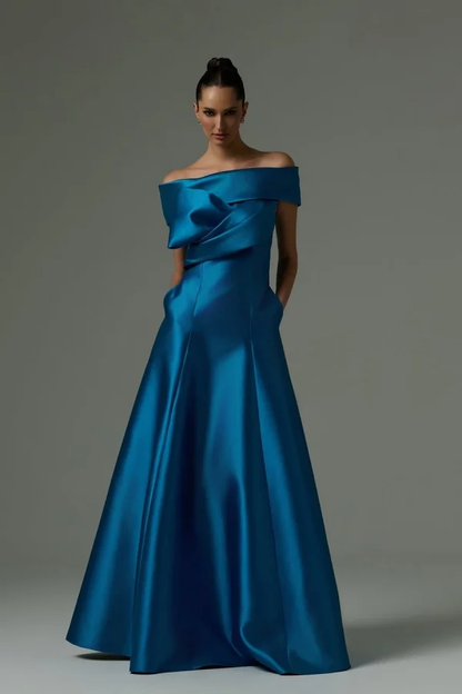 Off the Shoulder Sleeveless Long Prom Dress With Pleated Pocket ZT0773