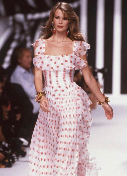 Red Polka Dots A Line Straps Ruffle Chiffon Long Party Dress Evening Dress SH2829