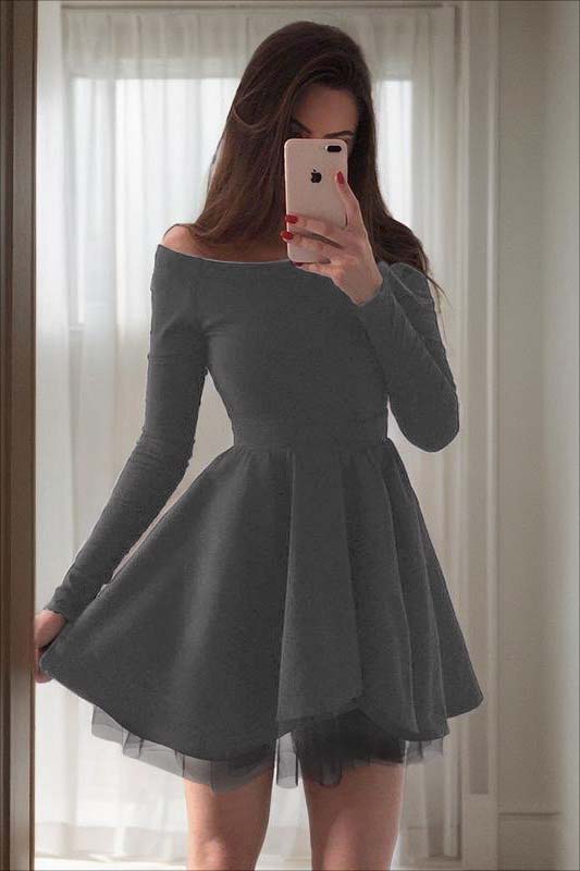 Black Spandex Off the Shoulder Long Sleeves A Line Homecoming Dress with Ruffles HC0046