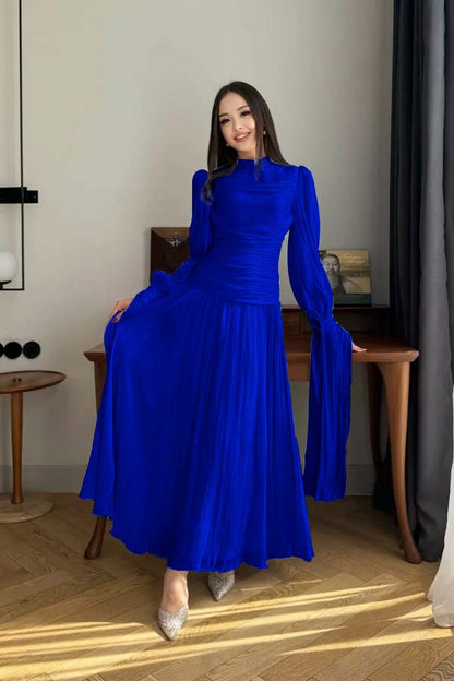 Playful Blue High-Neck Prom Dress Long Sleeves Pleated Floor Length CY0252