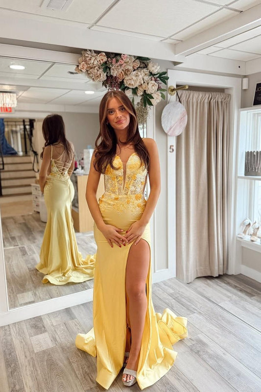 Exquiste Yellow Satin Spaghetti Strap Sleeveless Long Split Prom Dress with Applique | Zelldresses