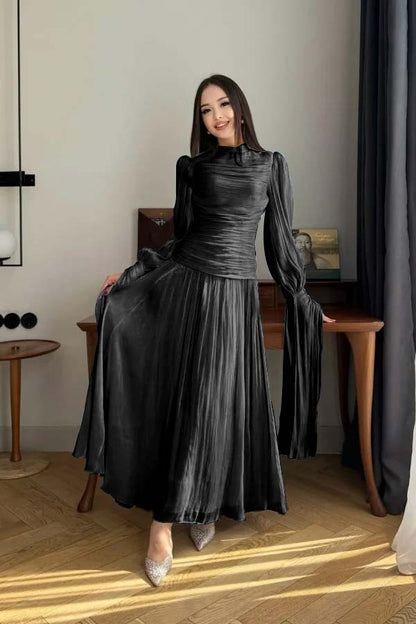 Playful Blue High-Neck Prom Dress Long Sleeves Pleated Floor Length CY0252