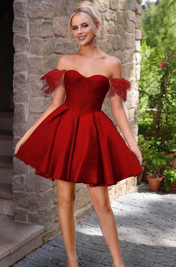 Off the Shoulder Sweetheart Sleeveless Short A Line Homecoming Dress With Feather HC0176
