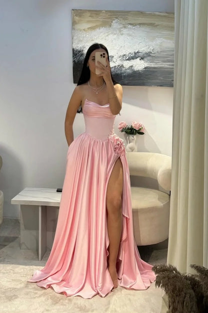 Elegant Pink Satin Strapless Beaded Sleeveless Pleated Split Prom Dress | Zelldresses