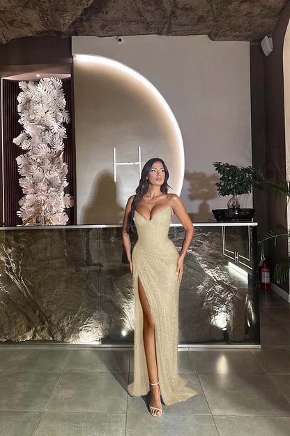 Sequin Strapless Sleeveless Long Split Prom Dress With Pleated ZT0524