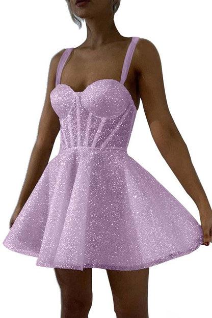 Hellodresses White Sequins Spaghetti Strap Sleeveless A Line Short Homecoming Dress