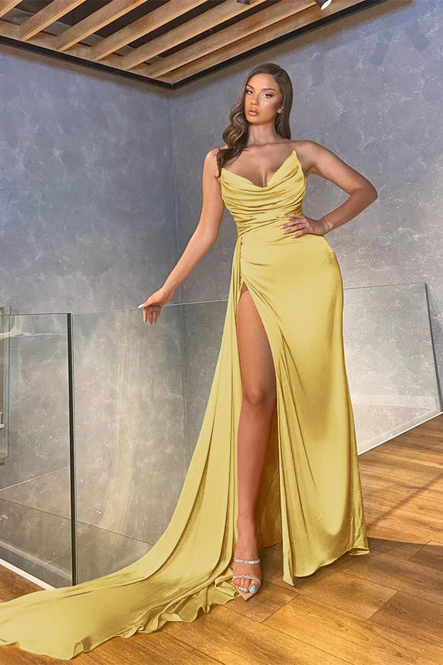 Yellow Satin Strapless Sleeveless Long Mermaid Pleated Split Prom Dress PD0495