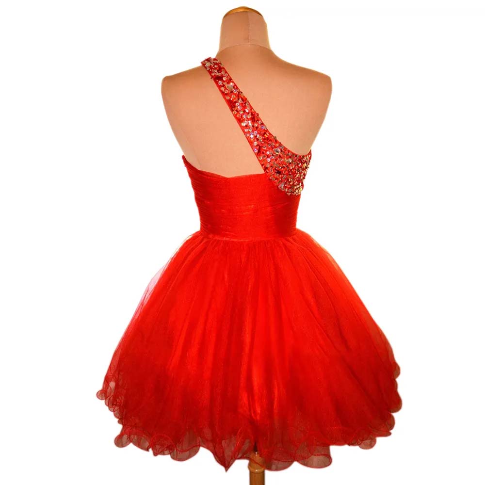 Red Tulle Sleeveless One Shoulder Ruffles Short Homecoming Dress with Sequins