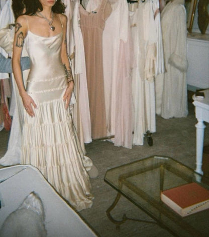 Simple A Line Spaghetti Strap Light Champagne Satin Evening Dress Party Dress SH2679