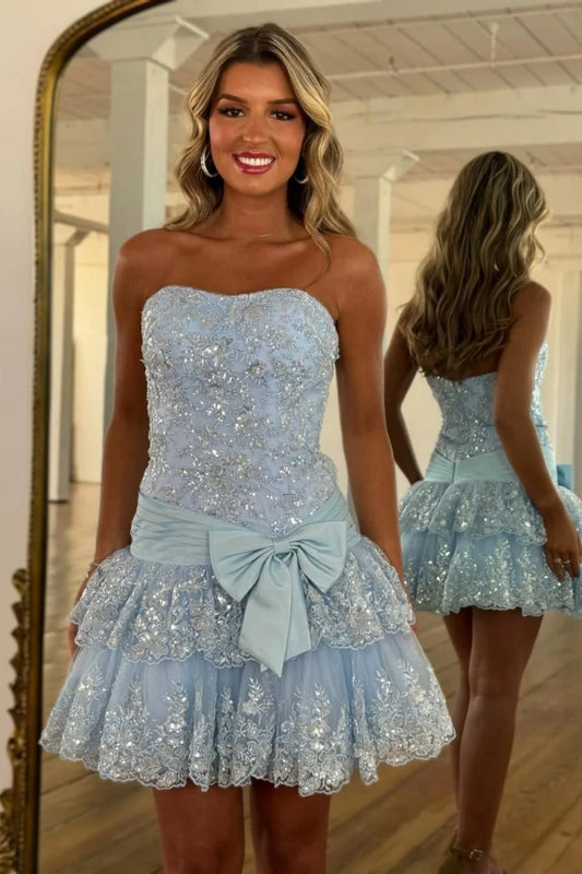 Flirty Blue Strapless Homecoming Dress Mini Sleeveless Applique with Bow CY0214