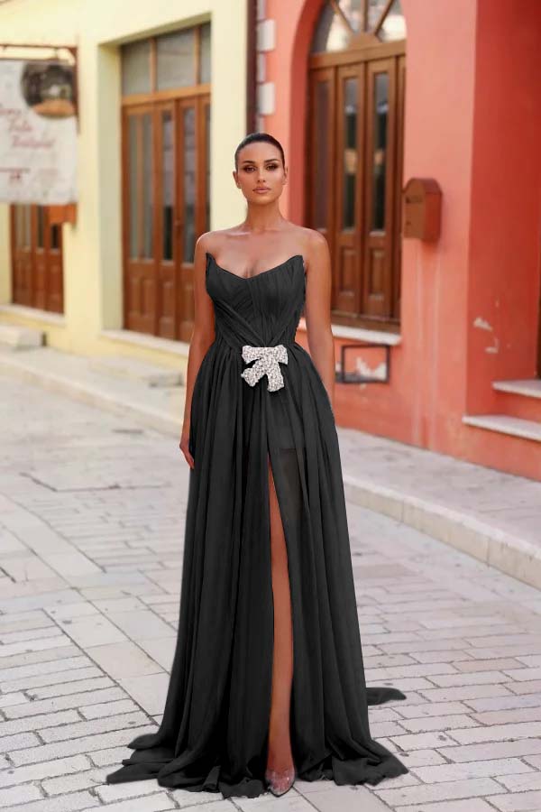 Strapless Sleeveless Long Split Prom Dress With Pleated Beading WQ0269