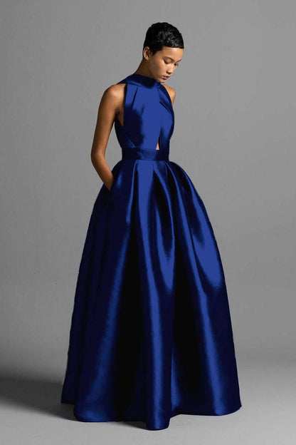 Exquisite Royal Blue Satin Halter Strapless Sleeveless A Line Prom Dress with Pleated | Zelldresses