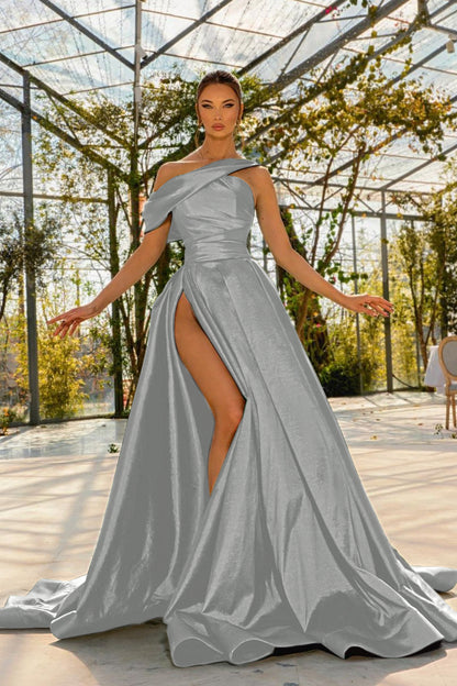 Green Prom Dress One Shoulder Satin With High Split YL0177