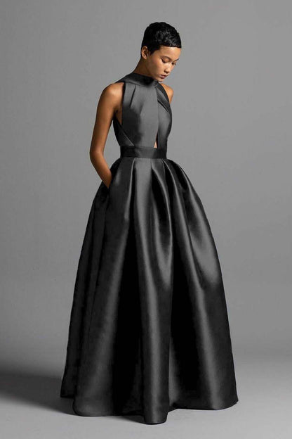 Exquisite Royal Blue Satin Halter Strapless Sleeveless A Line Prom Dress with Pleated | Zelldresses