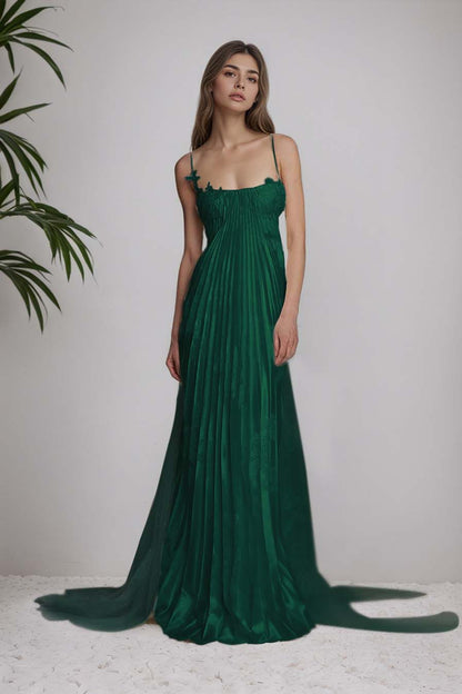 Stunning Spaghetti-Straps Pleated Sheath Appliques Prom Dress With Detachable Train XJ0176