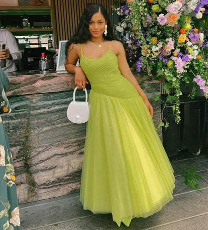 Cute A Line Spaghetti Strap Green Pleated Tulle Party Dress Evening Dress SH2878
