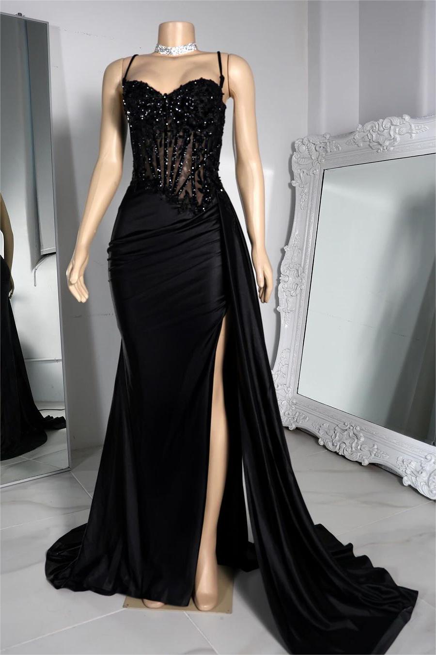 Hellodresses Exquisite Black Spaghetti Strap Sleeveless Pleated Long Split Prom Dress With Beading
