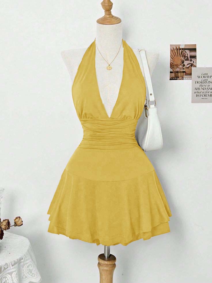 Halter Deep V Neck Sleeveless Short Homecoming Dress With Pleated HC0167