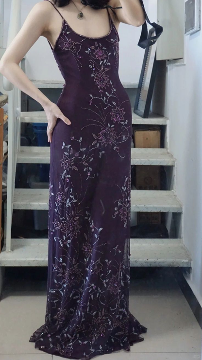 Beaded Purple Spaghetti Straps Long Prom Dress Sexy 21st Birthday Outfit fg8227