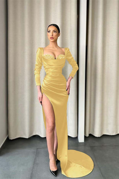 Long Sleeves Dark Green Evening Dress Split With Sequins PD0456