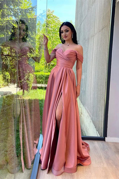 Glorious Dusty Pink Off-the-Shoulder Evening Front Split Prom Dress with Sweetheart ED0043