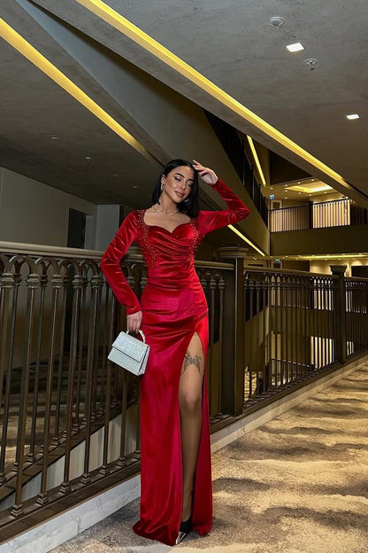 Amazing Red Velvet Long Sleeves Sweetheart Long Split Prom Dress with Beadings | Zelldresses