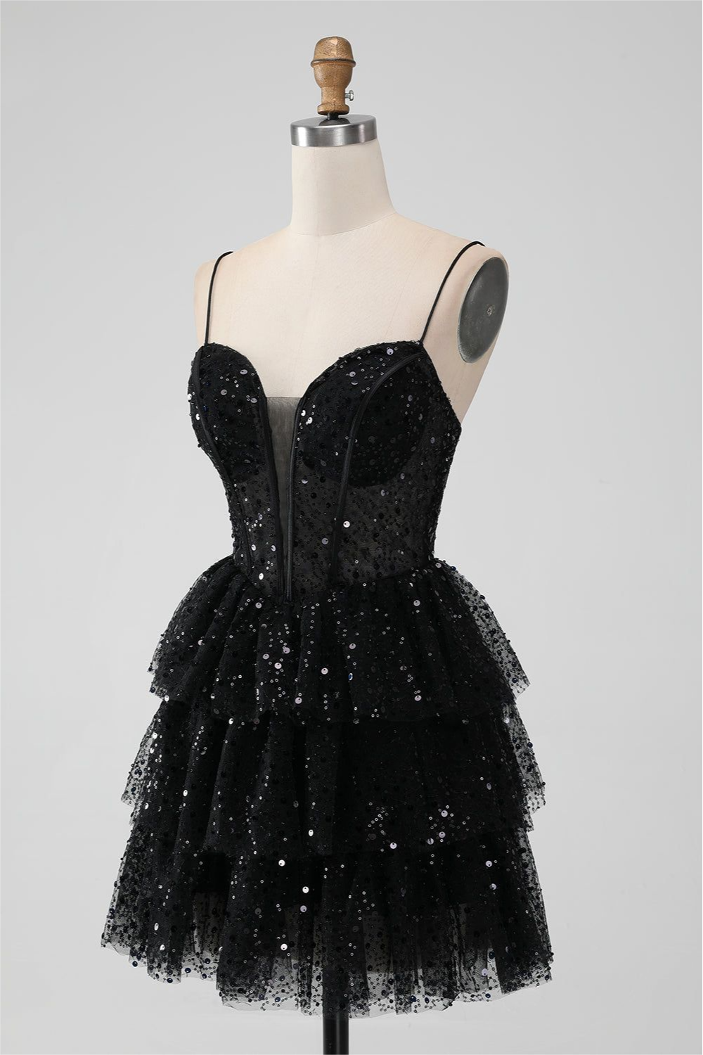 Black Sequins Spaghetti Strap Sleeveless Short Homecoming Dress With Ruffles HC0017