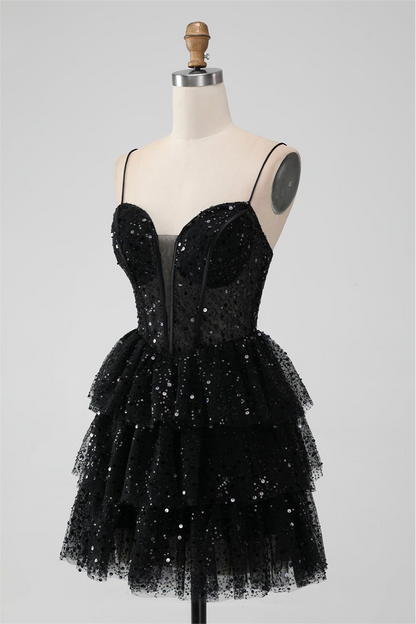Black Sequins Spaghetti Strap Sleeveless Short Homecoming Dress With Ruffles HC0017