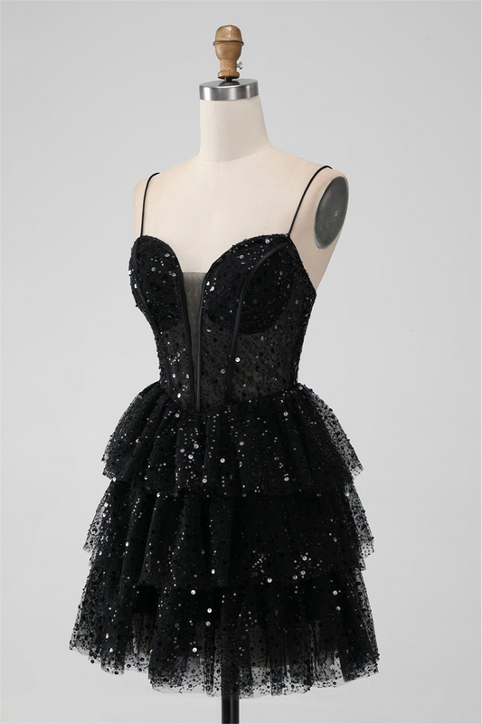 Black Sequins Spaghetti Strap Sleeveless Short Homecoming Dress With Ruffles HC0017