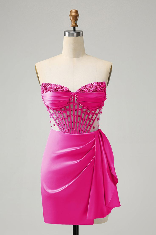 Strapless Sleeveless Pleated Short Homecoming Dress With Beading HC0131