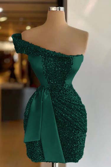 Hellodresses Sleeveless One Shoulder Short Sequins Homecoming Dress Pleated With Belt