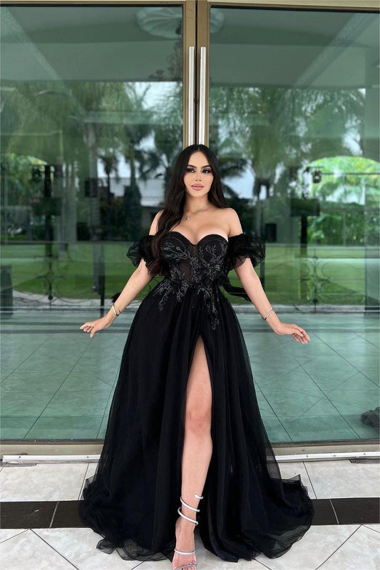 Hellodresses Charming Black Tulle Off the Shoulder Sleeveless Long Split Prom Dress With Embroidery