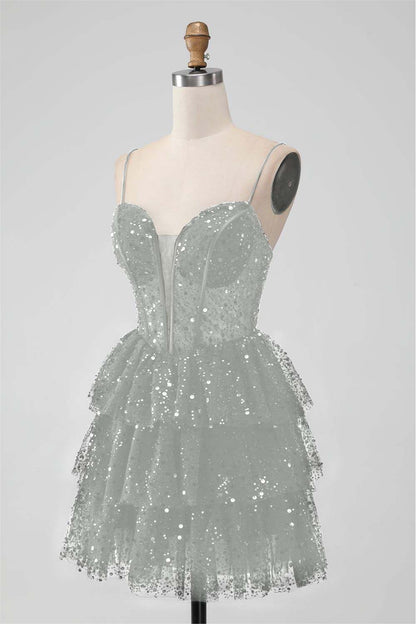 Black Sequins Spaghetti Strap Sleeveless Short Homecoming Dress With Ruffles HC0017