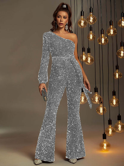 Hellodresses Shining Sequins One Shoulder Long Sleeve High Waist Long Wid-Leg Jumpsuit